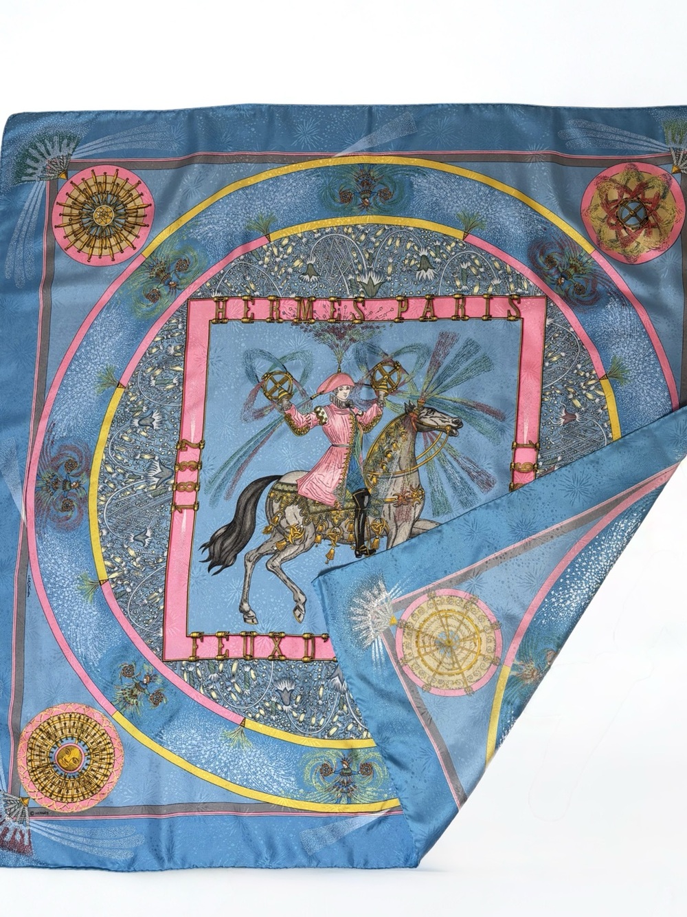 Hermes Blue and Pink Equestrian Silk Scarf